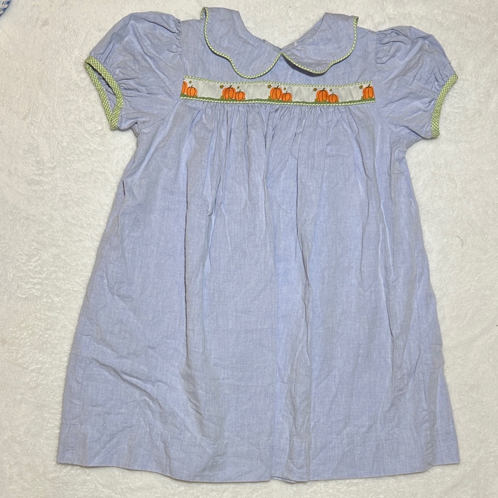 EUC chambray pumpkin fall custom ribbon dress scallop trim collar 5/6